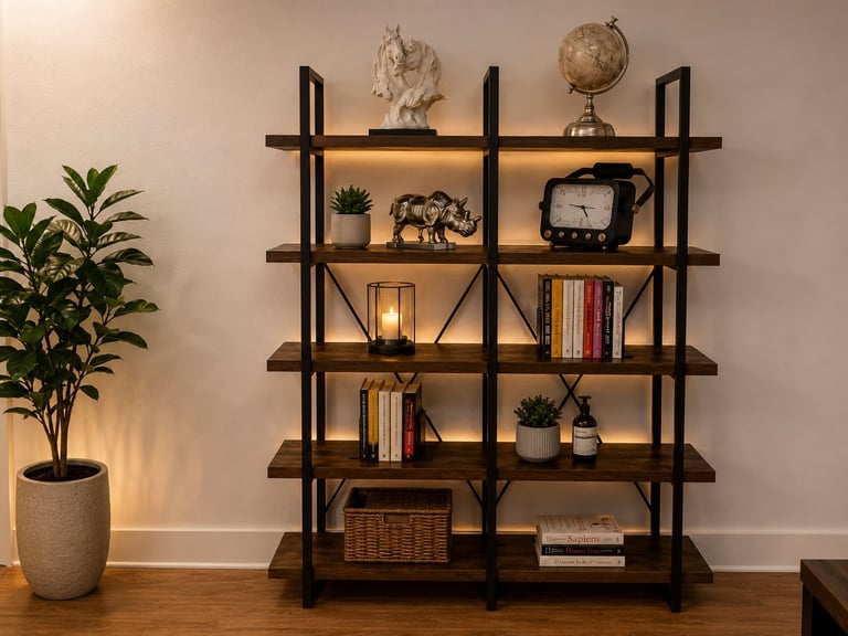 Industrial shelving unit displaying decorative items including plants, books, globe, and sculptures on wooden floors against a white wall