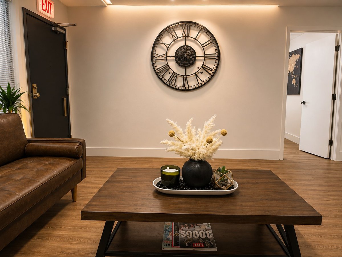 Modern office interior with wooden coffee table decorated with black vase and dried flowers, large wall clock, leather sofa, and exit sign
