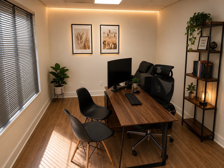 Modern home office with wooden desk, black office chair, desktop monitor, and shelving unit with plants and decor