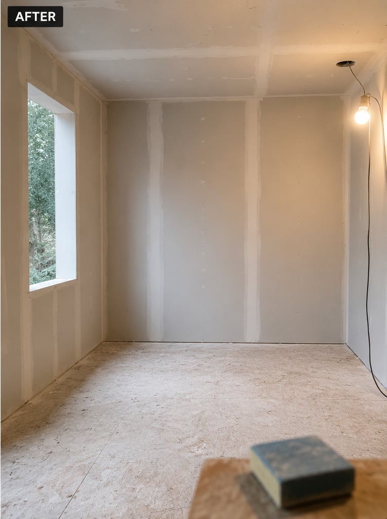 Finished room after drywall and taping — clean grey-primed drywall walls and ceiling, sealed seams, smooth paint-ready surface, single pendant light fixture, window letting in natural light