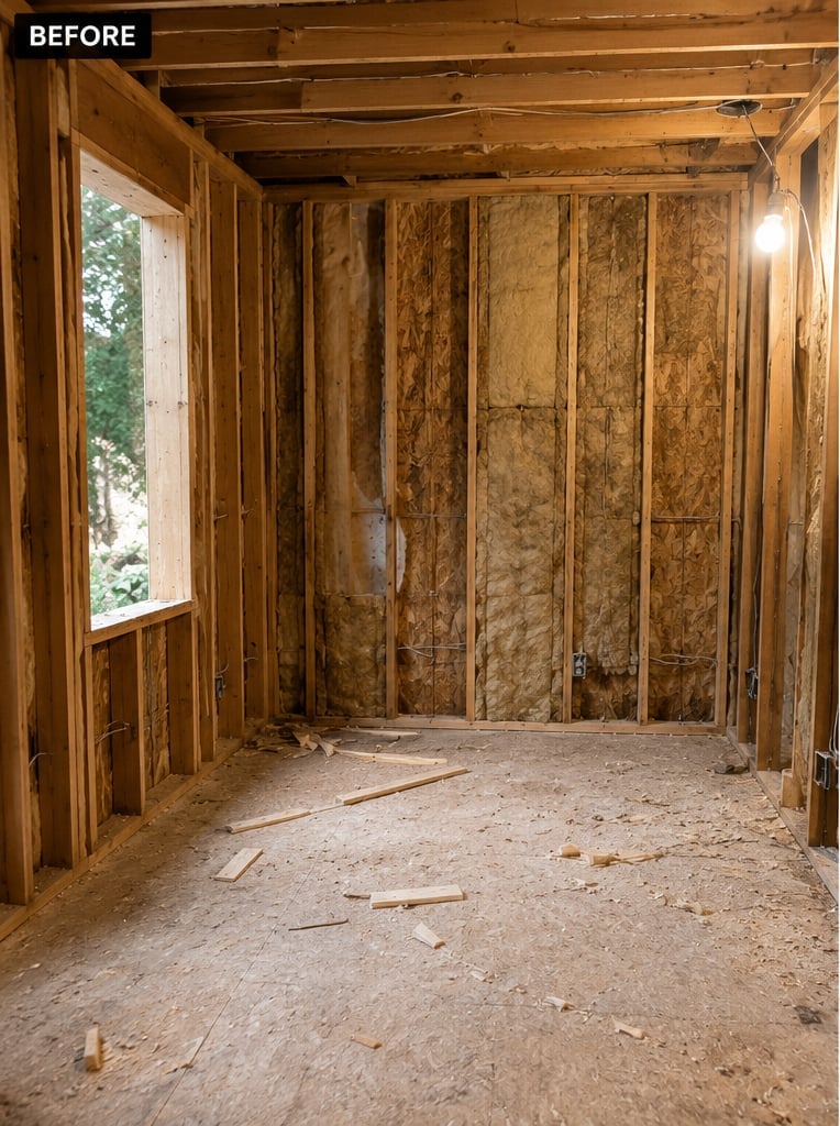 Unfinished room before drywall — exposed wooden wall studs, kraft-faced insulation, bare subfloor, single bare bulb hanging from the ceiling