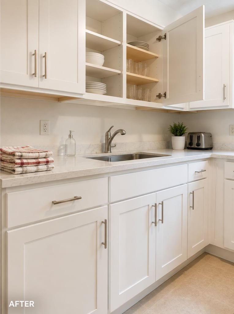 Kitchen after cabinet refresh — modern white shaker cabinets, light stone-look countertops, stainless sink and faucet, open shelving with dishware, brighter overall feel