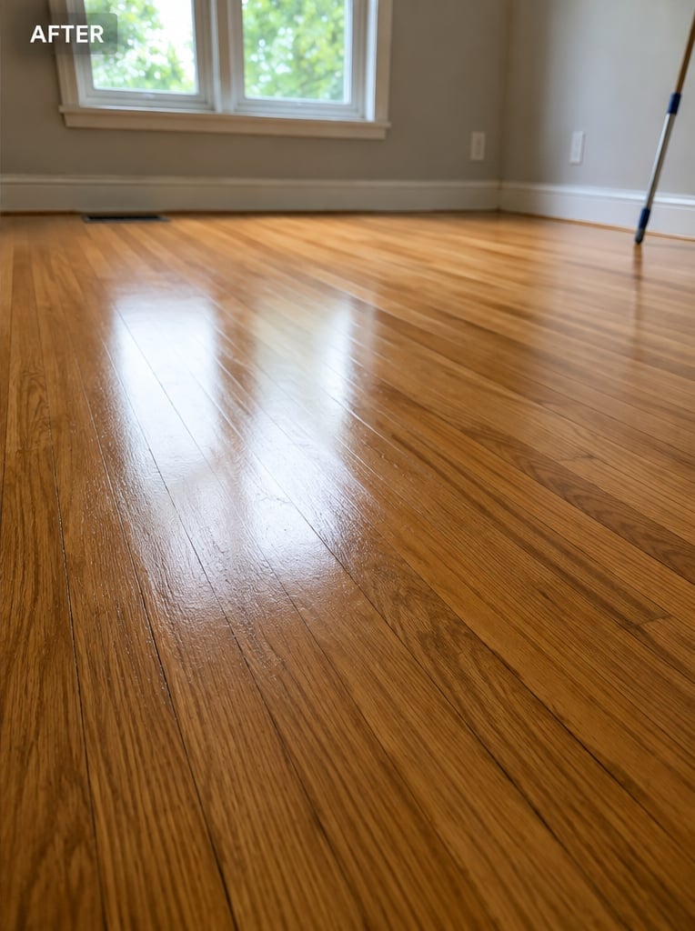 Polished hardwood floor after refinishing — smooth, glossy, warm honey-toned wood, baseboard and window in background, light reflecting off the surface