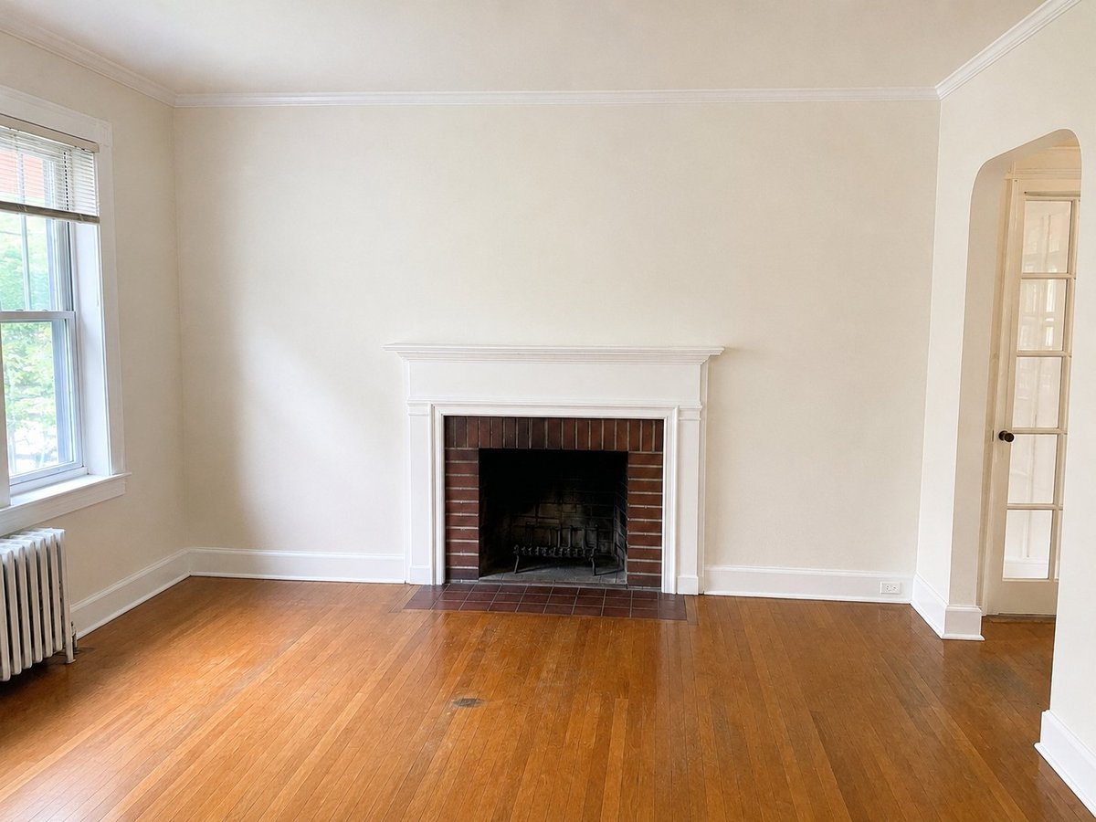 Living room after painting — clean cream walls, hardwood floors, white fireplace mantel, freshly repainted