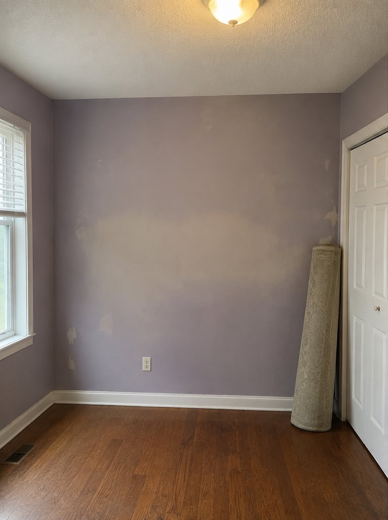 Bedroom before painting — purple-gray walls with visible marks and patches, wooden floor, window and door
