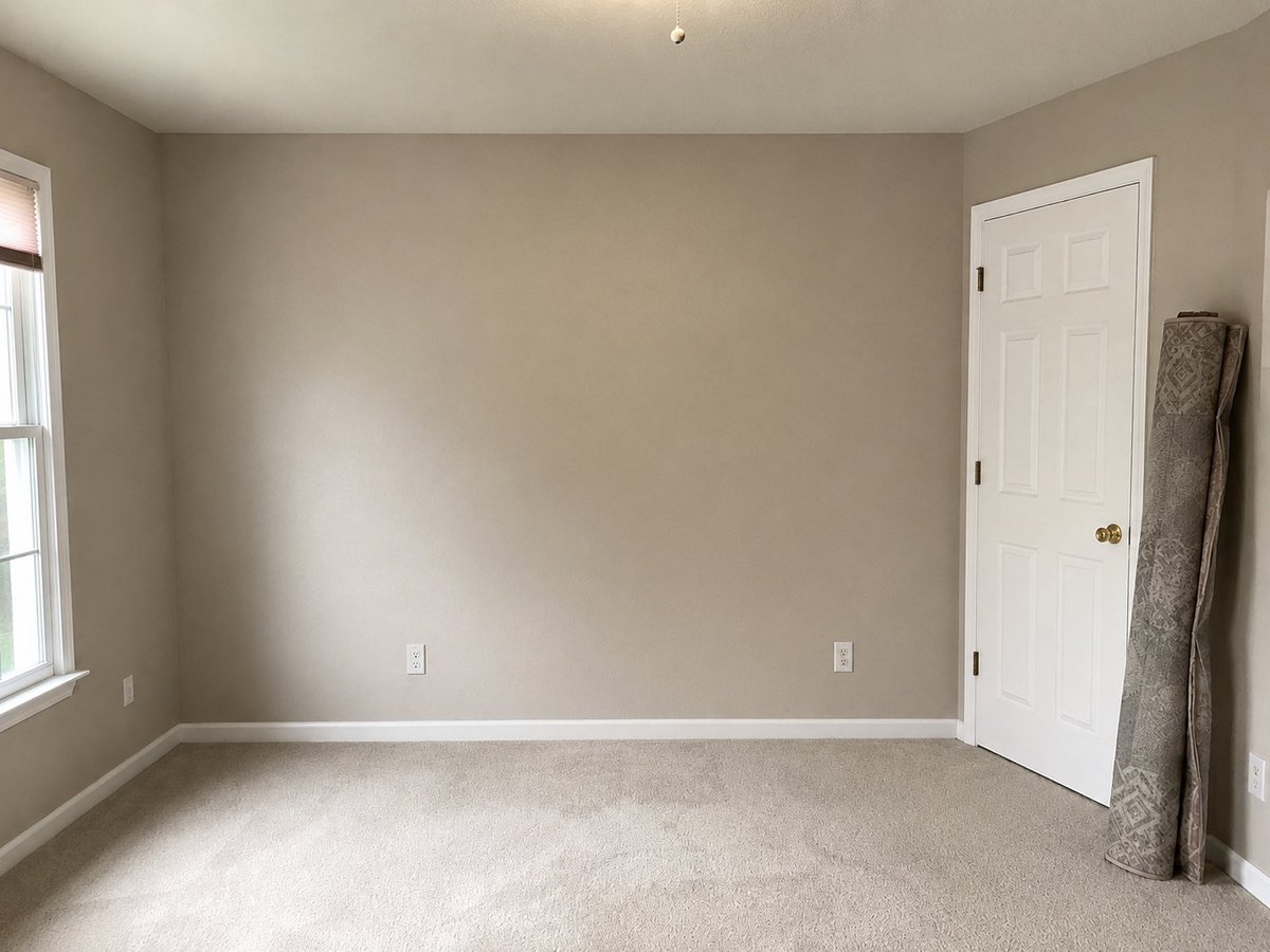 Empty bedroom before painting — beige walls, beige carpet, window and closet door