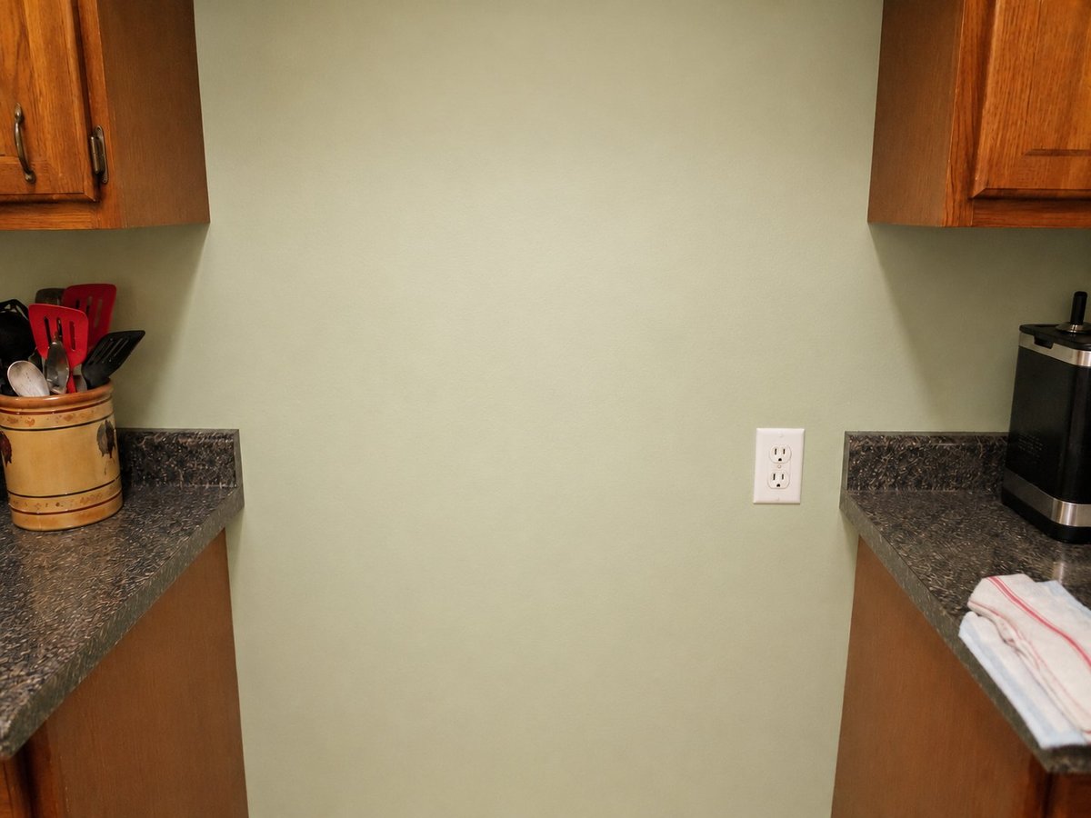 Kitchen wall after painting — freshly painted sage green wall, wooden cabinets above, granite countertops, clean finish