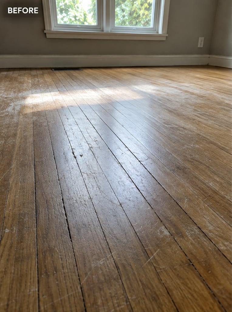 Worn hardwood floor before refinishing — scratched, scuffed, faded, dull finish, baseboard and window in background