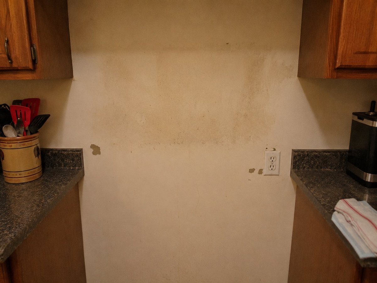 Kitchen wall before painting — beige wall with visible damage spot, wooden cabinets above, granite countertops
