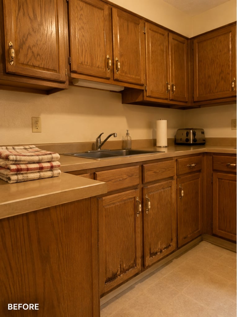 Kitchen before cabinet refresh — dated oak cabinets, tan laminate countertops, single-basin stainless sink, no open shelving