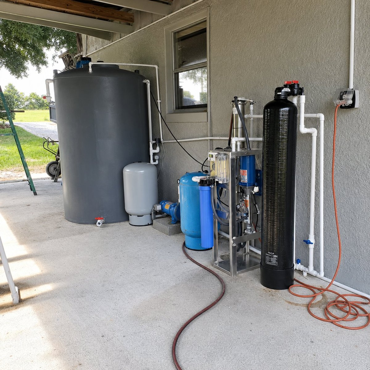 Residential water treatment system with large storage tank, filtration units, and blue pressure tanks installed outside a home