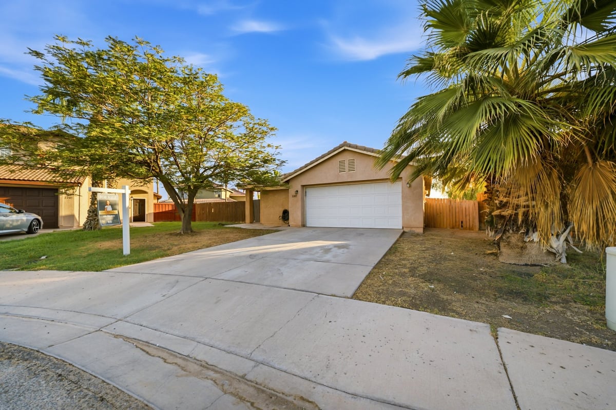 Single-story suburban home with white garage door, concrete driveway, and mature palm and shade trees on front lawn