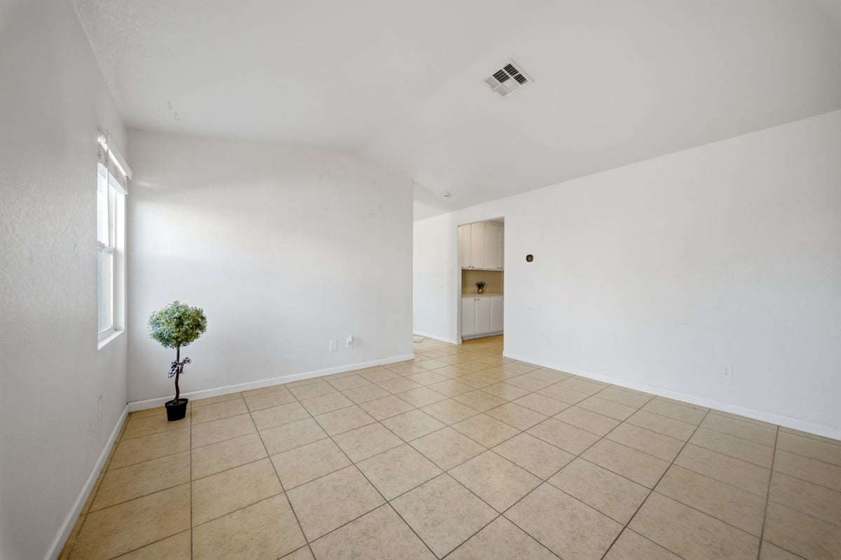 Empty room with beige tile flooring, white walls, window on left, and single potted plant in corner