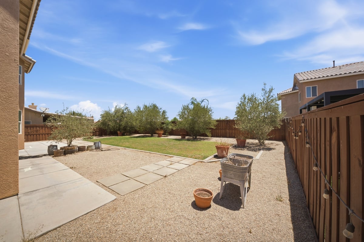 Spacious backyard with patio, green lawn, decorative planters, and wooden fencing under blue sky