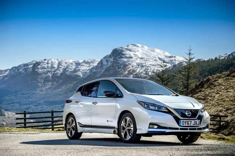 White Nissan Leaf electric car parked on mountain overlook with snow-capped peaks and evergreen trees in background