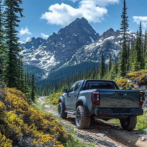 Gray pickup truck on mountain trail surrounded by evergreen forest with snow-capped peaks and blue sky in background