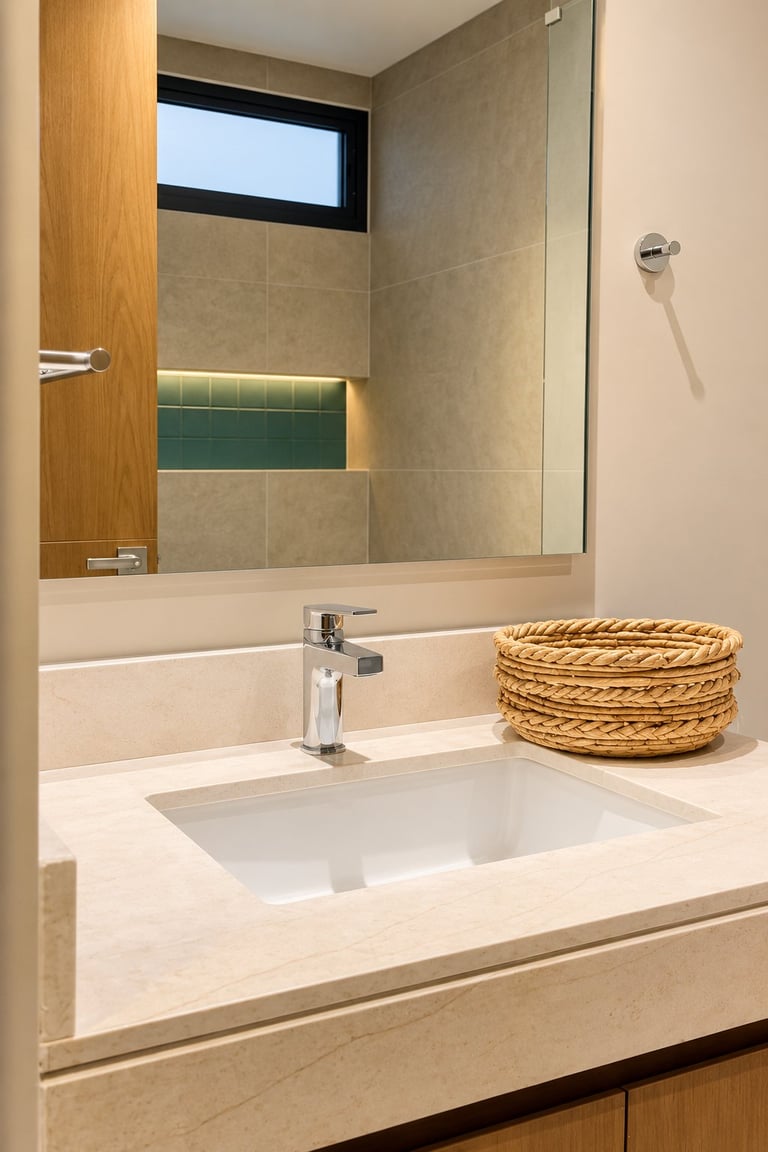 Modern bathroom vanity with white stone countertop, rectangular sink, chrome faucet, and woven basket, with mirror and shower enclosure behind