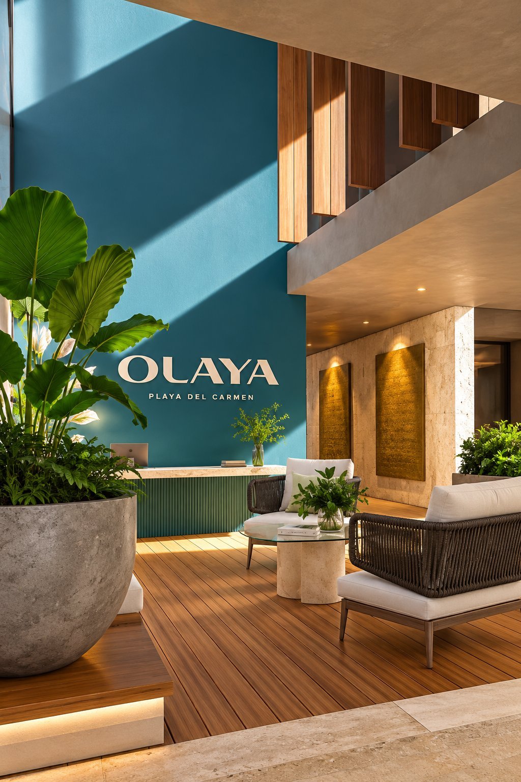 Modern hotel lobby of Olaya Playa del Carmen with wooden flooring, teal accent wall, potted plants, and contemporary seating furniture