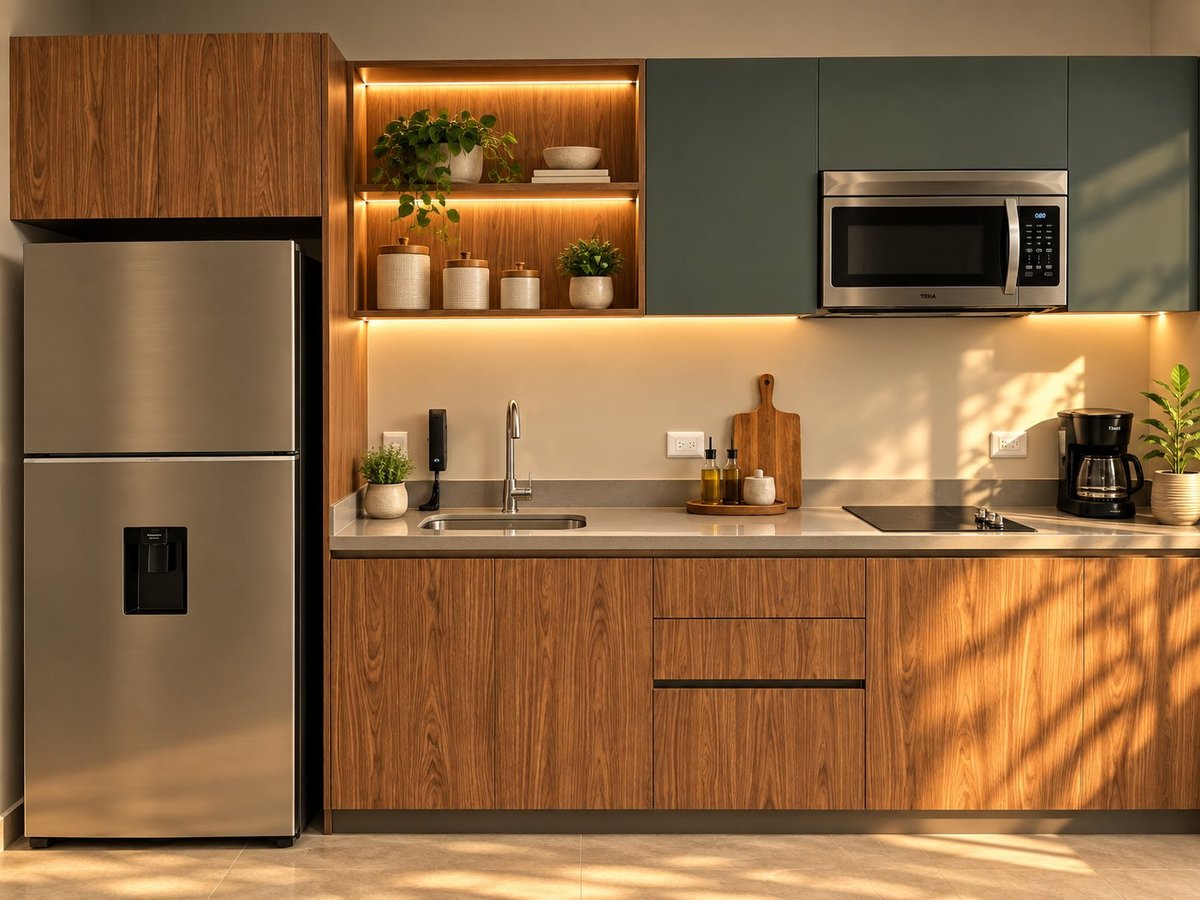 Modern kitchen with warm wood cabinetry, stainless steel appliances, green upper cabinets with warm lighting, and minimalist decor