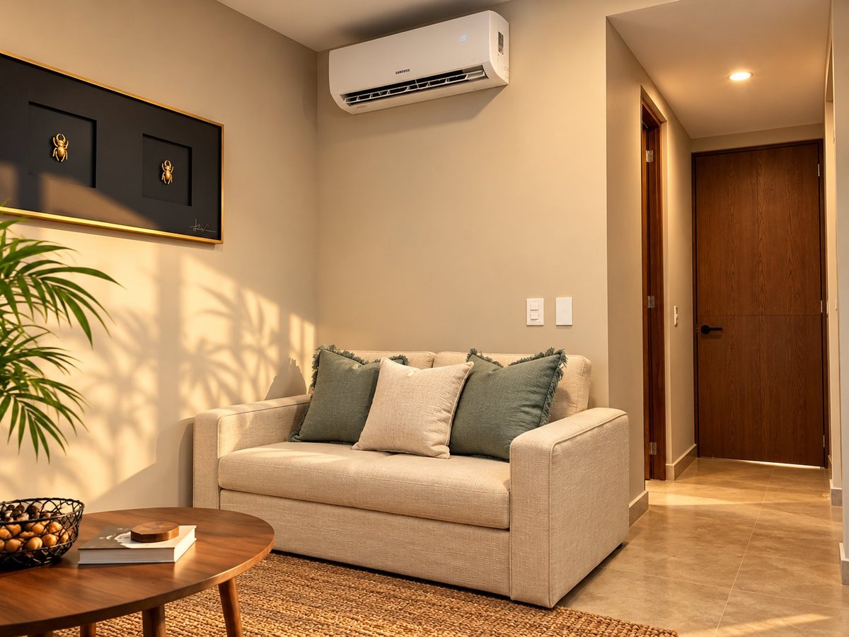 Modern living room with beige sofa, green pillows, wooden side table, potted plant, and air conditioning unit on cream walls