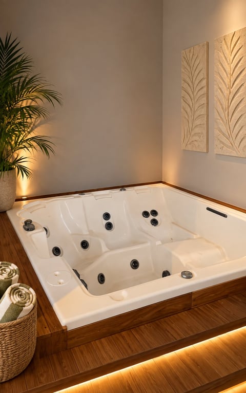 Luxury spa hot tub with jets in an elegantly designed bathroom featuring warm lighting, potted plant, artwork, and wooden flooring