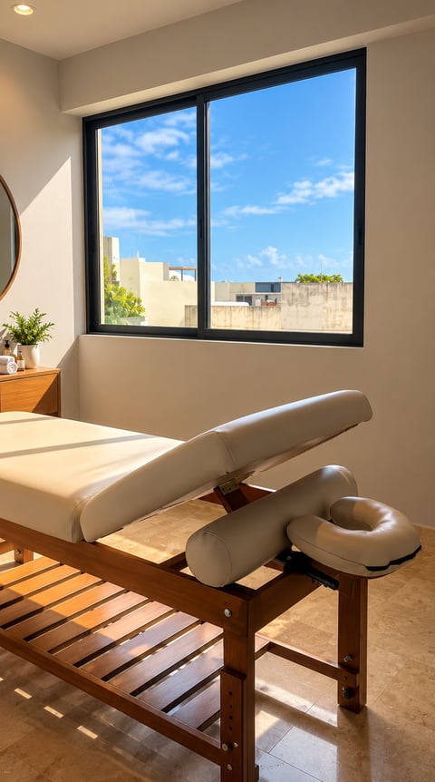 Modern spa treatment room with beige massage table, headrest, and large black-framed window overlooking city skyline