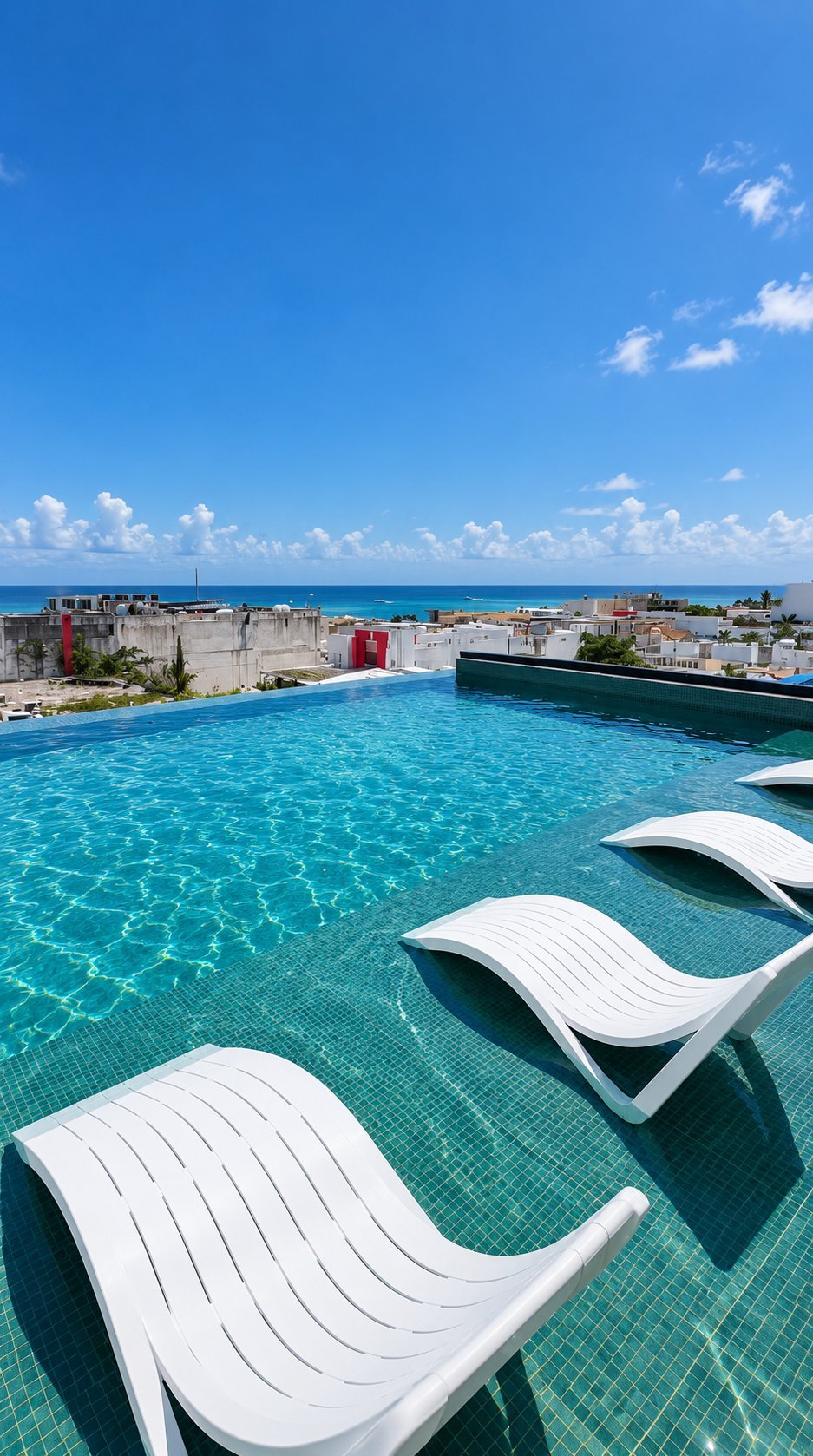Rooftop infinity pool with white lounge chairs overlooking turquoise ocean and coastal city buildings under clear blue sky