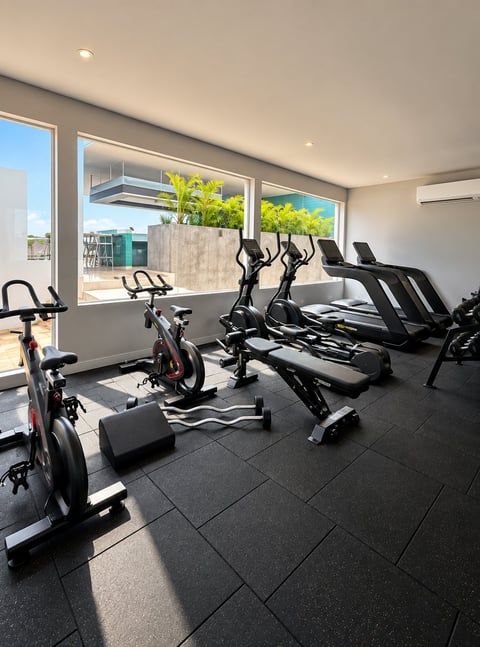 Modern home gym with stationary bikes, treadmills, ellipticals, and weights on dark tile flooring, with large windows overlooking outdoor area.
