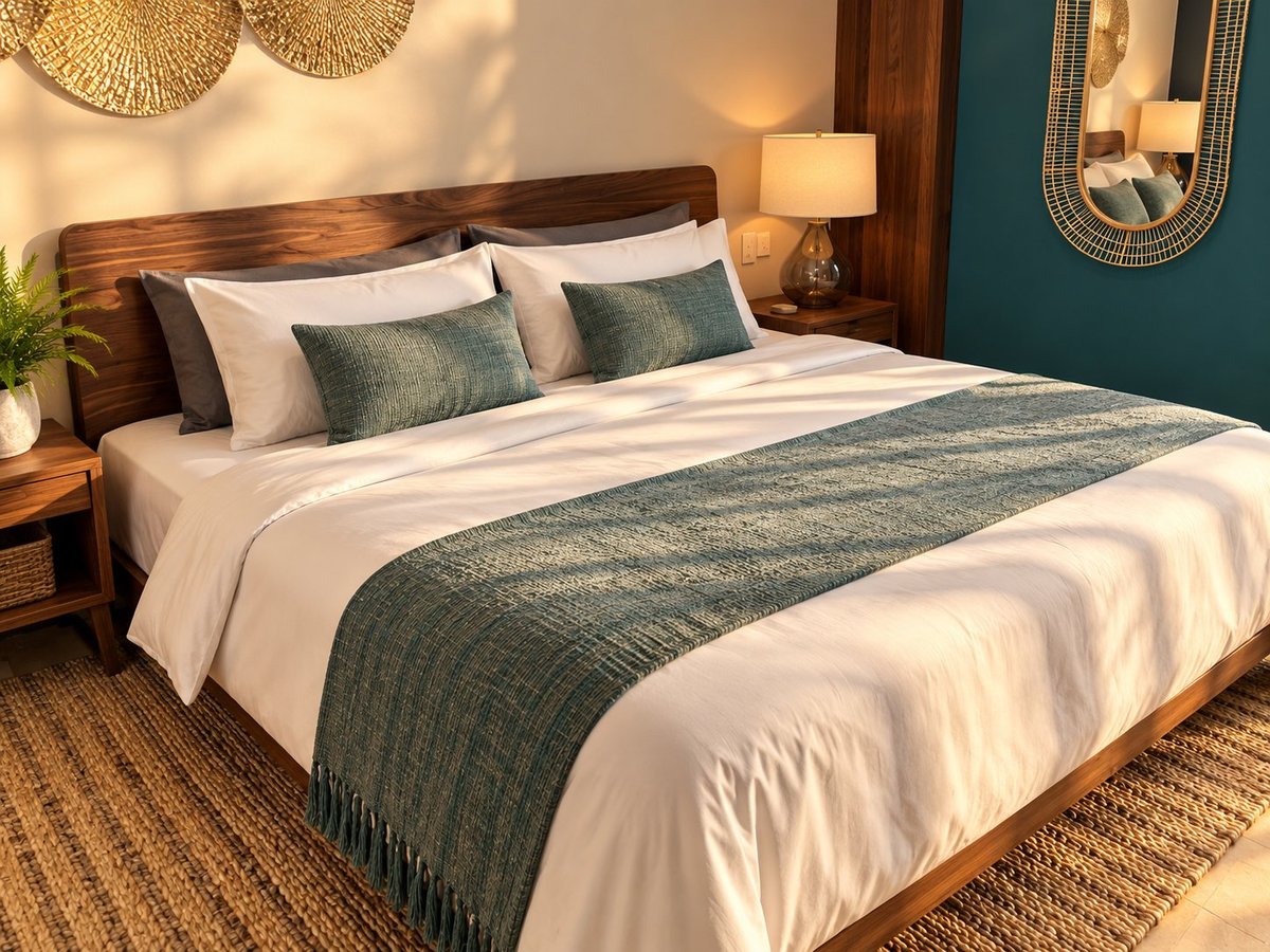 Bedroom with wood bed frame, white bedding, green textured bed runner, matching pillows, wooden nightstands with lamps, and teal accent wall