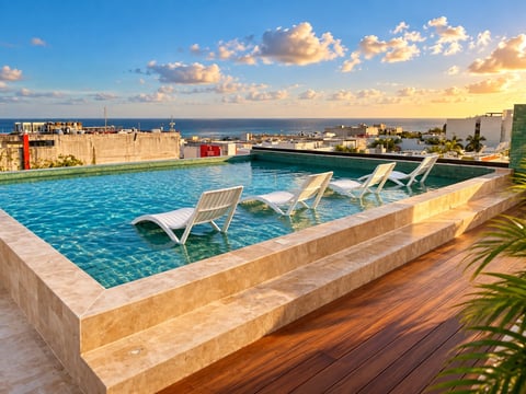 Rooftop pool with loungers overlooking coastal city at sunset, Mediterranean architecture visible in background