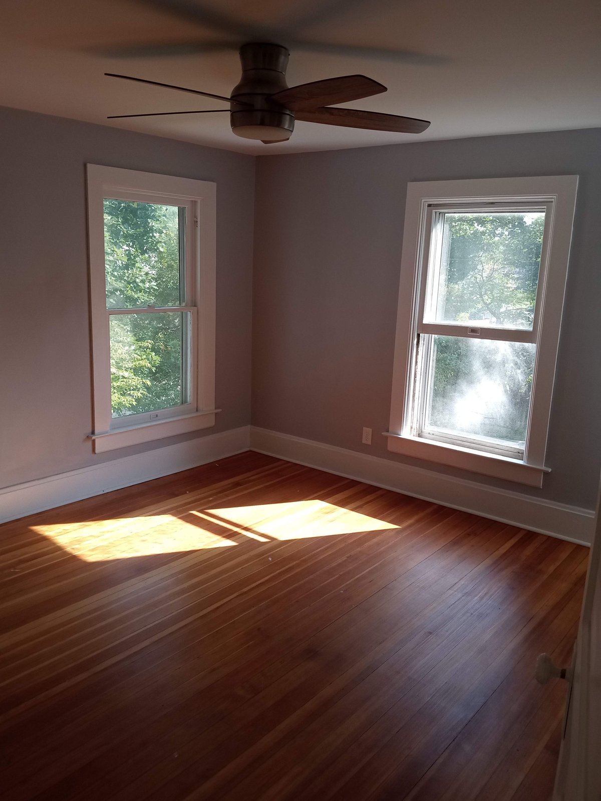 Empty room with hardwood floor, two windows with white trim, mauve walls, and dark ceiling fan