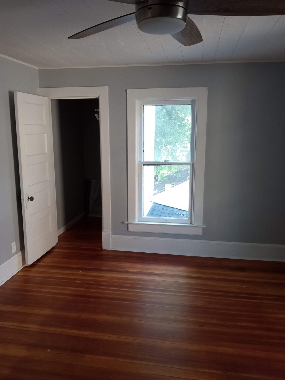 Empty bedroom with hardwood floors, ceiling fan, white trim, single window, and open closet door