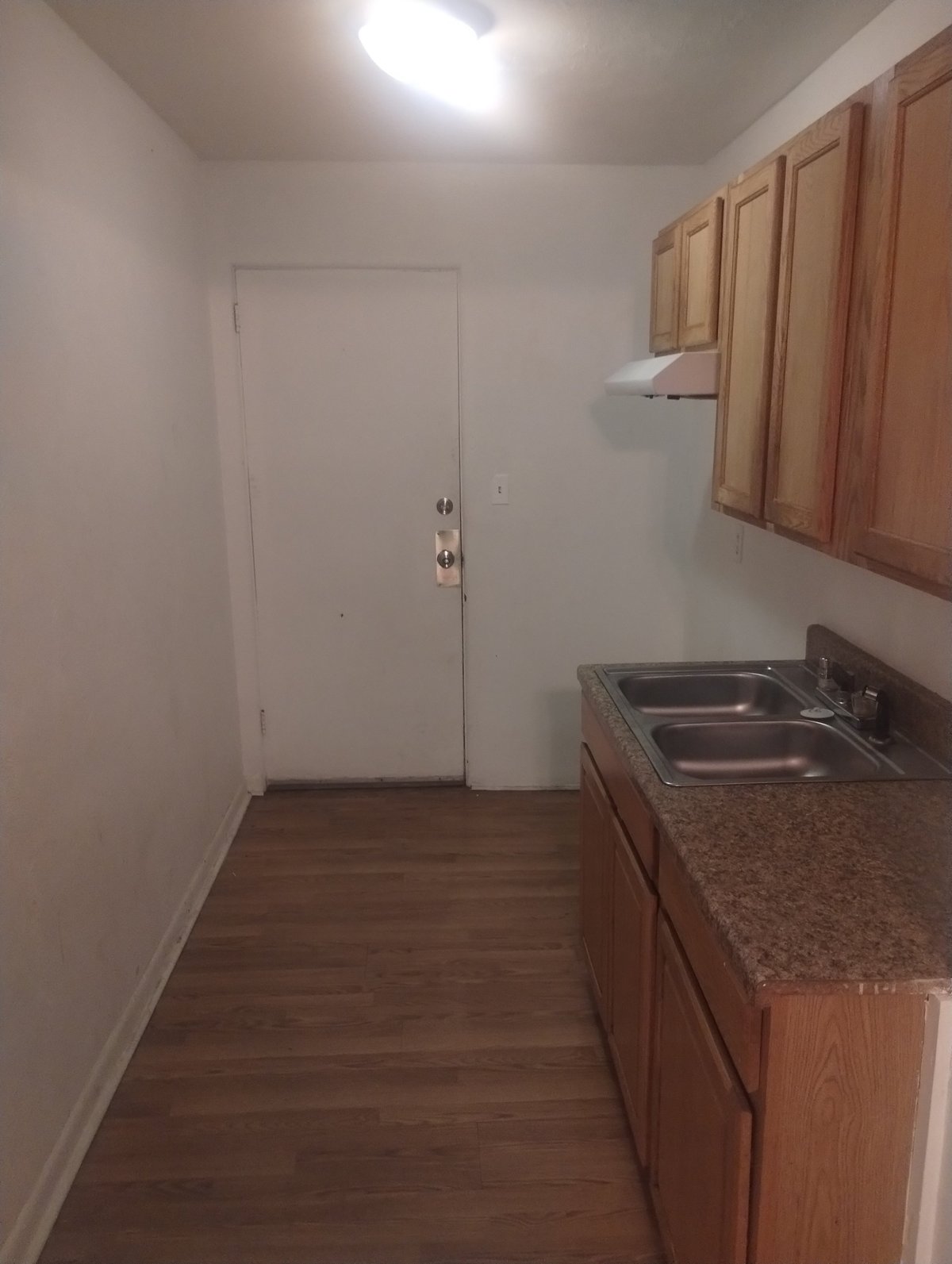 Narrow galley kitchen with wooden cabinets, double sink, granite countertop, white door at end, and dark wood flooring