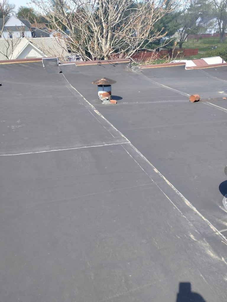 Flat roof with gray membrane material, white seam lines, metal flashing, and bare trees visible in background residential area