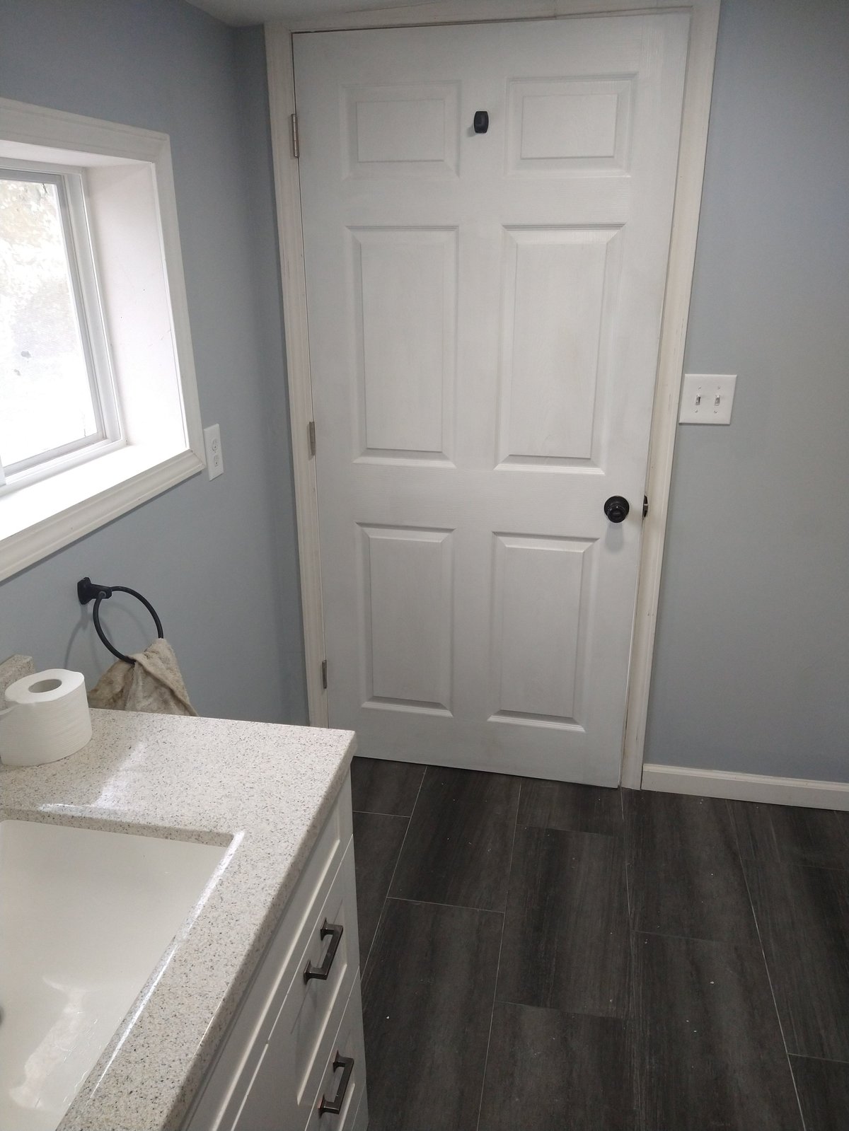 Modern bathroom interior with white six-panel door, light blue walls, dark wood-look tile flooring, and white vanity with sink