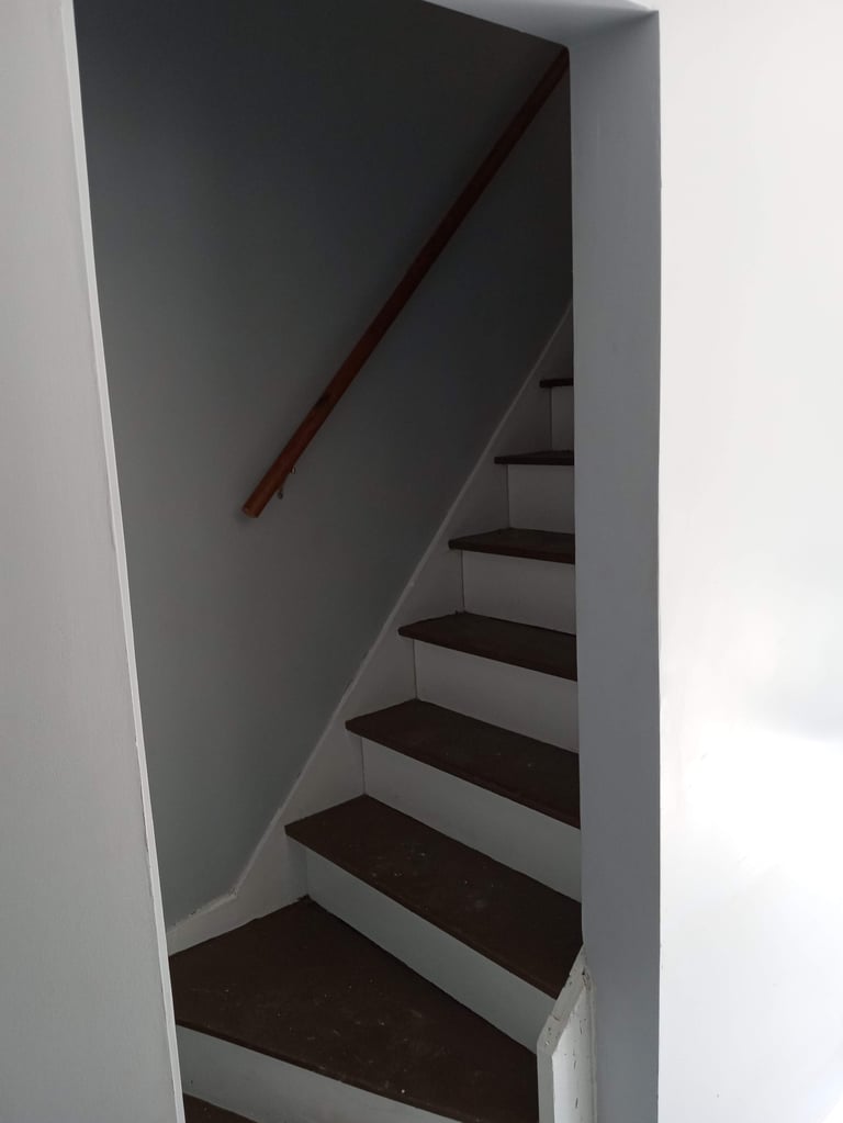 Staircase with white walls and dark wooden steps featuring a red metal handrail along the diagonal wall