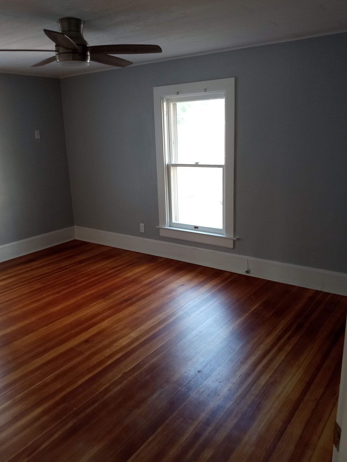 Empty room with hardwood flooring, gray walls, ceiling fan, and window with white trim