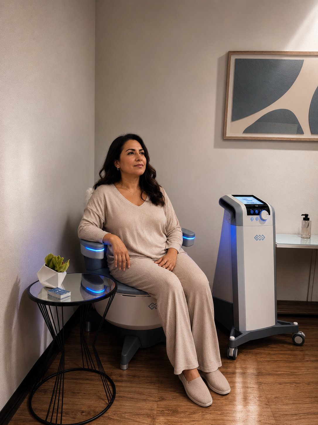 Woman in beige clothing sitting on medical device in clinic room with plant and framed artwork on wall