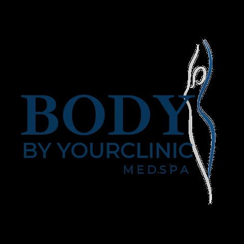 Body By Your Clinic MedSpa logo featuring blue text and a stylized figure silhouette
