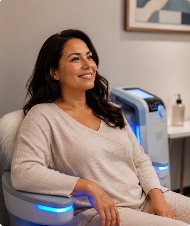 Woman with long dark hair smiling in a medical clinic chair with blue LED lighting, medical device visible in background