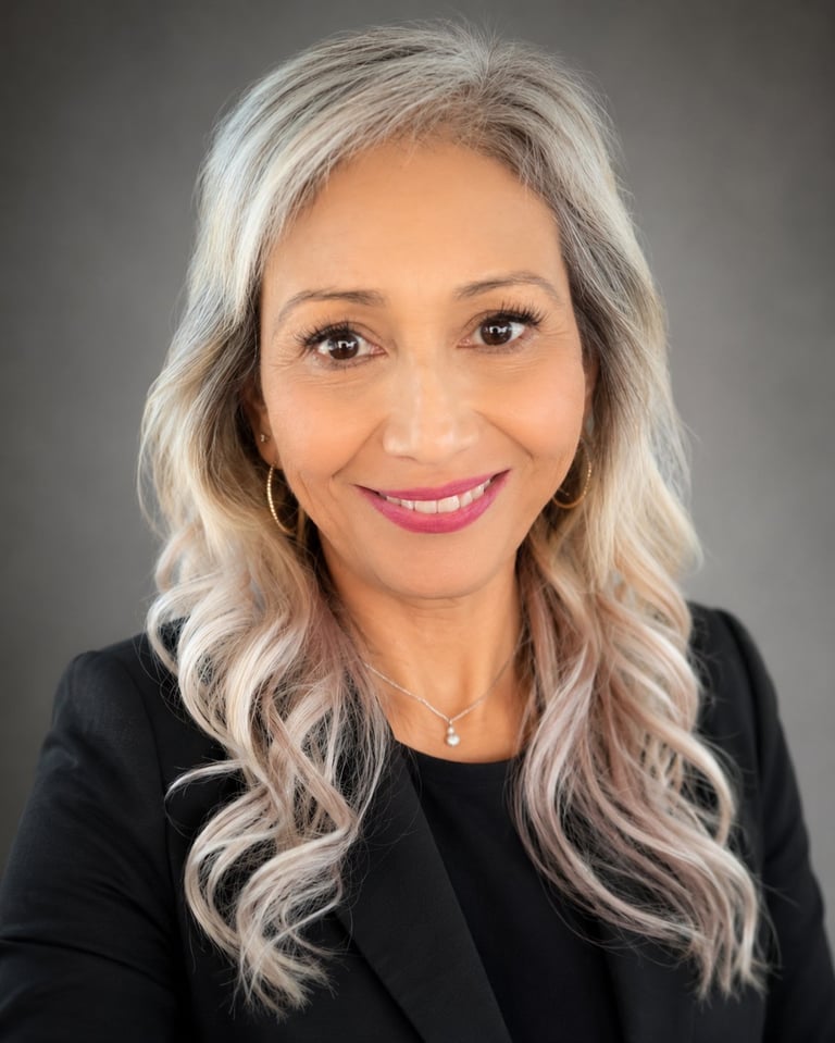 Professional headshot of Elizabeth Prichard — long gray wavy hair, black blazer, smiling against a gray background