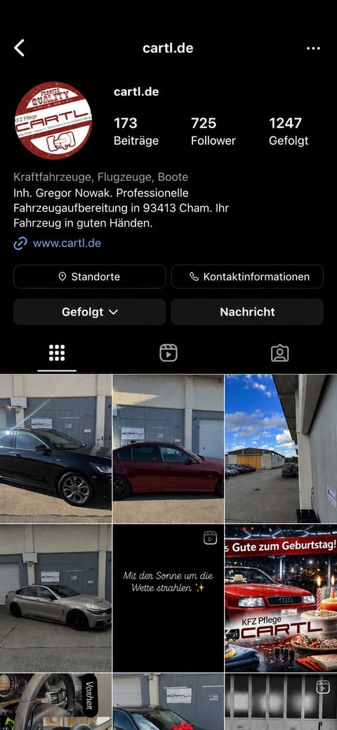 CARTL.de Instagram-Profil mit Fahrzeugaufbereitungen und Werkstatt-Galerie aus Cham