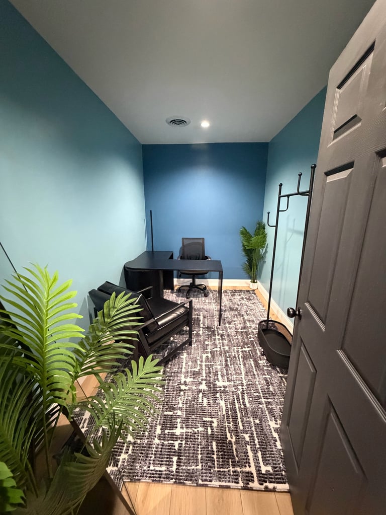 Modern office room with blue walls, desk with computer monitor, potted plants, and wooden flooring with patterned rug