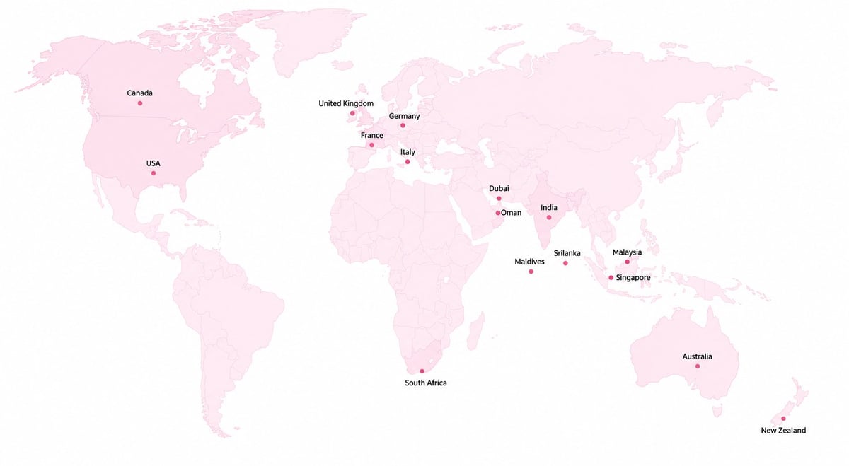 World map in light pink showing country names and borders labeled across continents