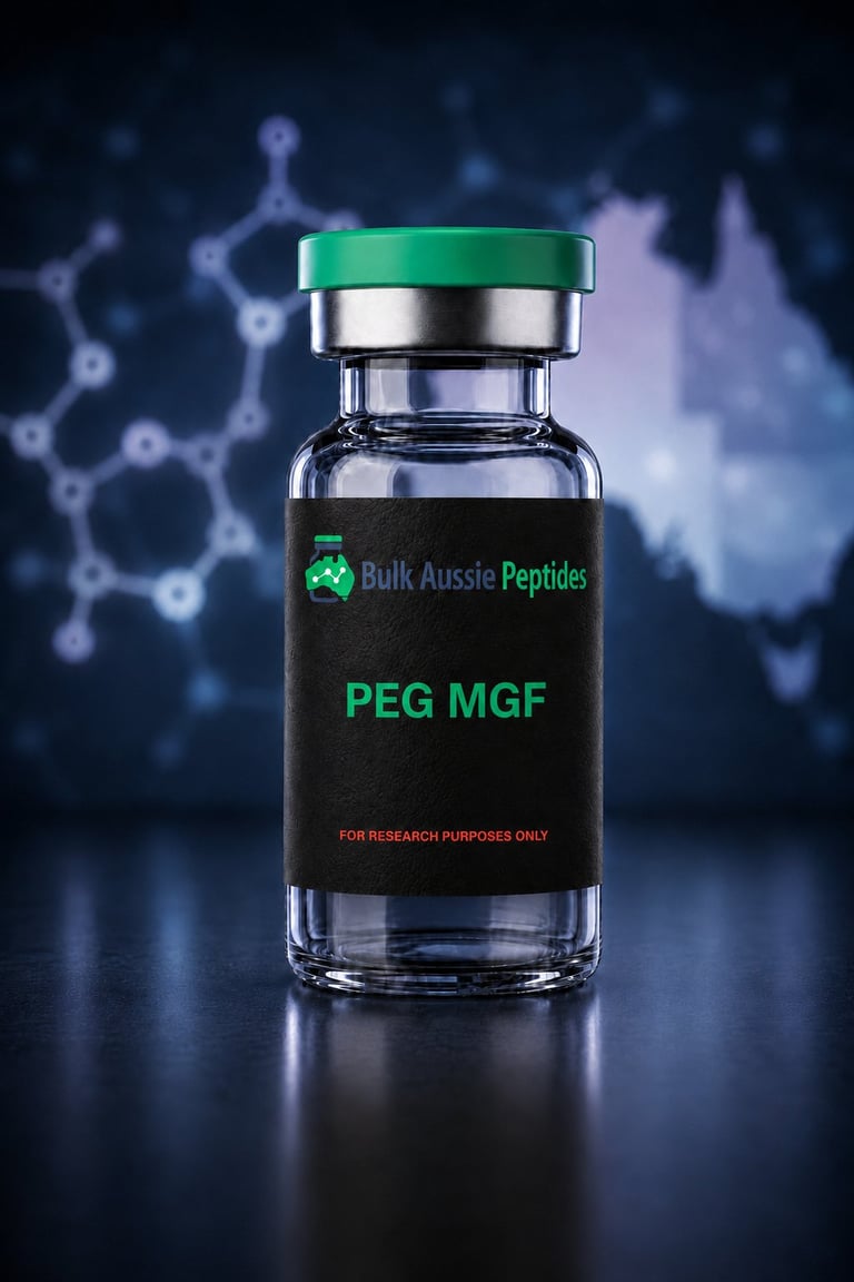 PEG MGF research peptide vial: laboratory photography, Australian research supply