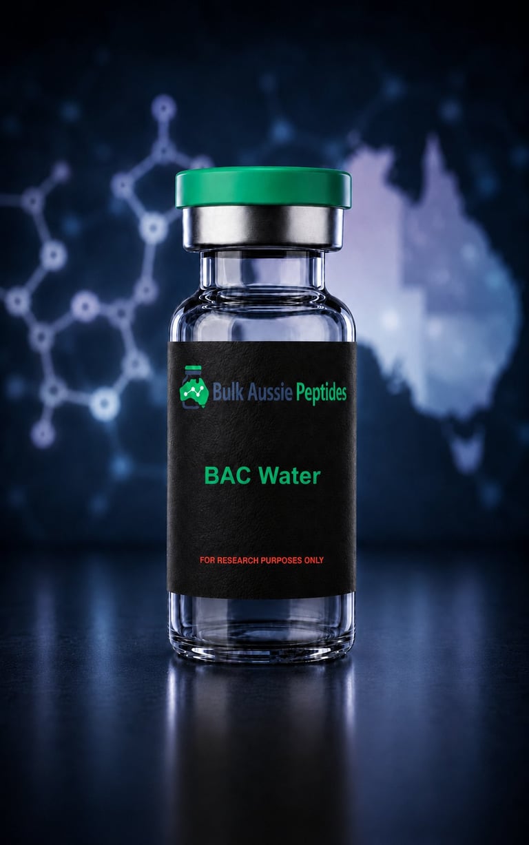 BAC Water research peptide vial: laboratory photography, Australian research supply