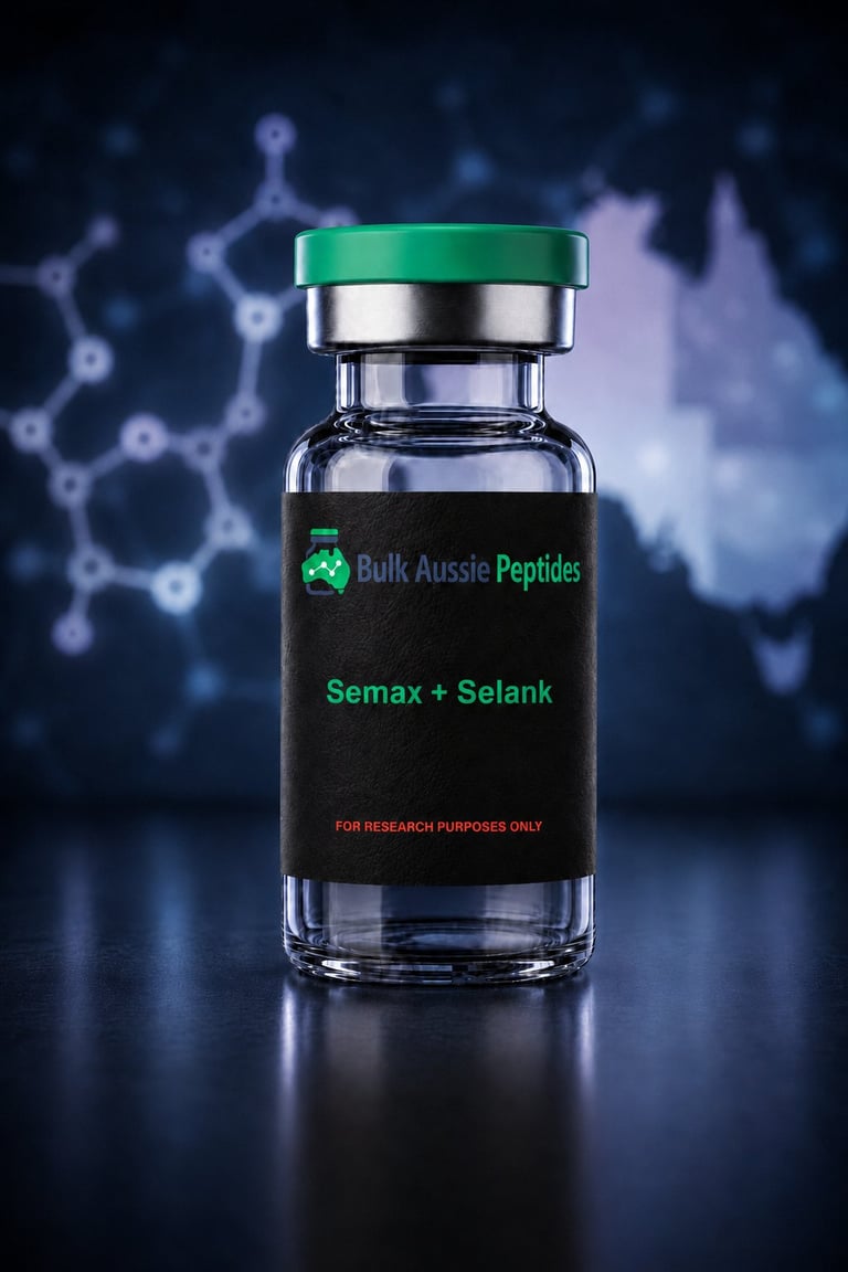 Semax 10mg + Selank 10mg research peptide vial: laboratory photography, Australian research supply