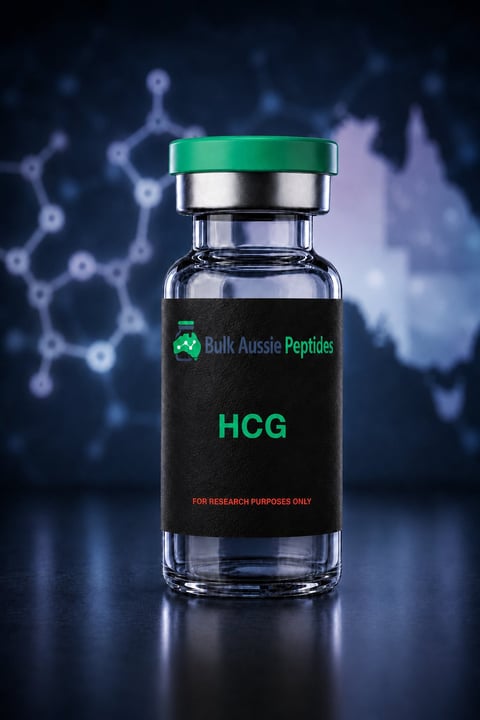 HCG research peptide vial: laboratory photography, Australian research supply