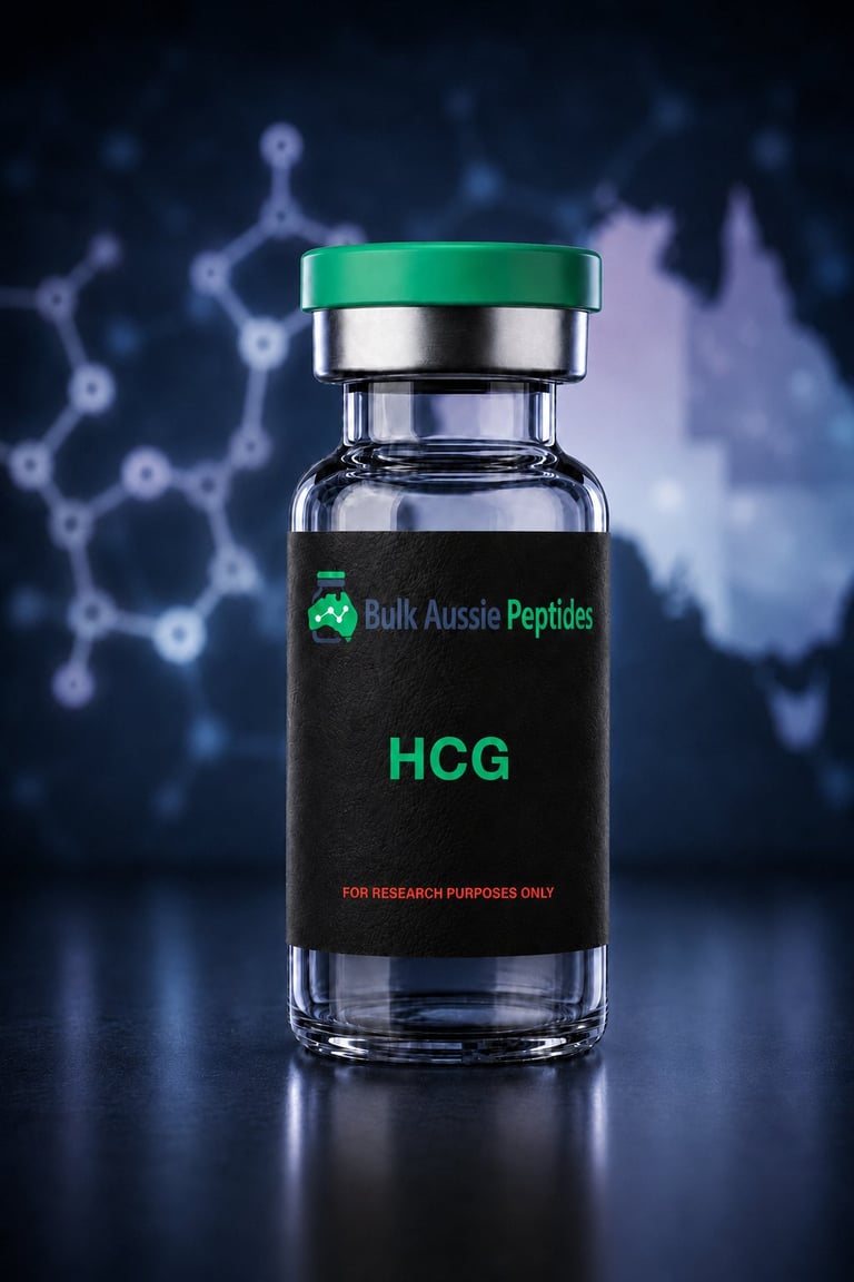 HCG research peptide vial: laboratory photography, Australian research supply
