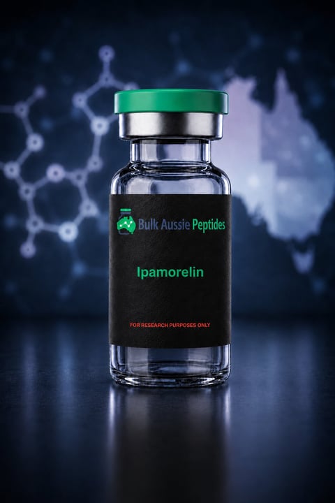 Ipamorelin research peptide vial: laboratory photography, Australian research supply